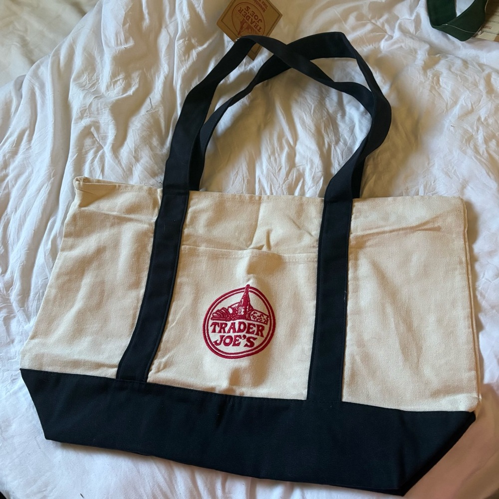 Trader Joe’s large Canvas Tote Bag Blue NEW - Picture 4 of 9